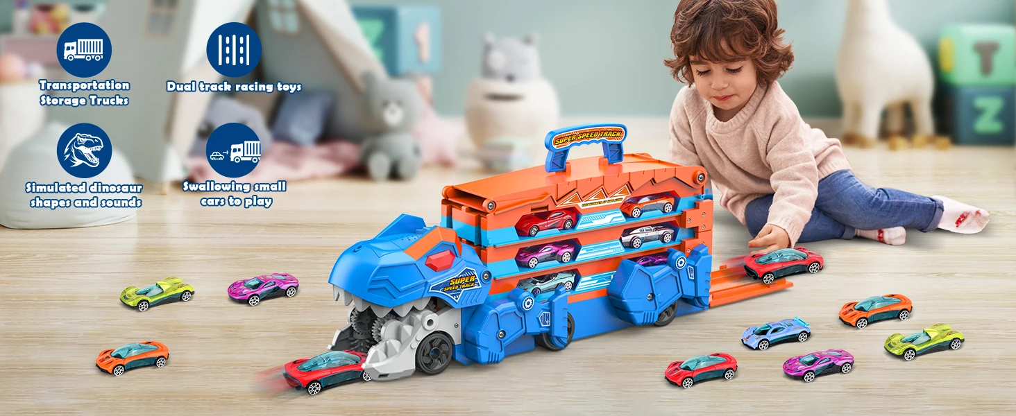 VATOS Dinosaur Transport Truck Car Toy 2 In 1 Ejection Folding Track Toy With Sound Portable 8 Race Cars Set for Kids Boys Gift VATOS Dinosaur Transport Truck Car Toy 2 In 1 Ejection Folding Track Toy With Sound Portable 8 Race Cars Set for Kids Boys Gift