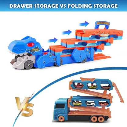 VATOS Dinosaur Transport Truck Car Toy 2 In 1 Ejection Folding Track Toy With Sound Portable 8 Race Cars Set for Kids Boys Gift - Image 5