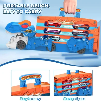 VATOS Dinosaur Transport Truck Car Toy 2 In 1 Ejection Folding Track Toy With Sound Portable 8 Race Cars Set for Kids Boys Gift - Image 6