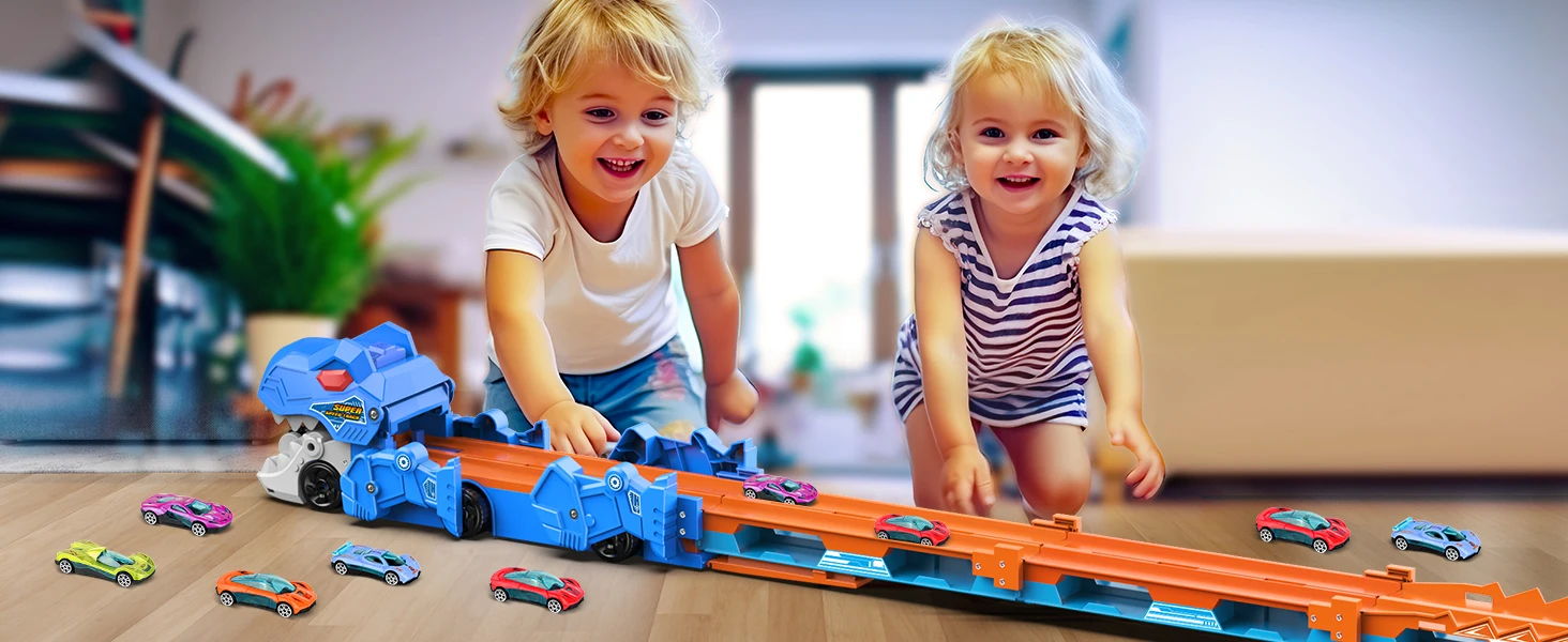 VATOS Dinosaur Transport Truck Car Toy 2 In 1 Ejection Folding Track Toy With Sound Portable 8 Race Cars Set for Kids Boys Gift VATOS Dinosaur Transport Truck Car Toy 2 In 1 Ejection Folding Track Toy With Sound Portable 8 Race Cars Set for Kids Boys Gift