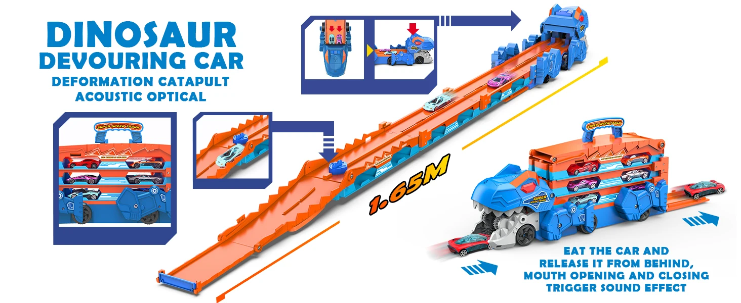 VATOS Dinosaur Transport Truck Car Toy 2 In 1 Ejection Folding Track Toy With Sound Portable 8 Race Cars Set for Kids Boys Gift VATOS Dinosaur Transport Truck Car Toy 2 In 1 Ejection Folding Track Toy With Sound Portable 8 Race Cars Set for Kids Boys Gift