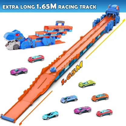 VATOS Dinosaur Transport Truck Car Toy 2 In 1 Ejection Folding Track Toy With Sound Portable 8 Race Cars Set for Kids Boys Gift - Image 4