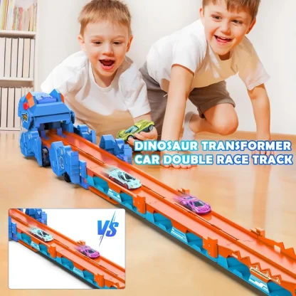 VATOS Dinosaur Transport Truck Car Toy 2 In 1 Ejection Folding Track Toy With Sound Portable 8 Race Cars Set for Kids Boys Gift - Image 3