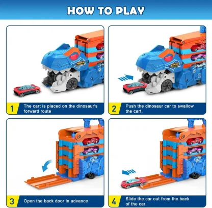 VATOS Dinosaur Transport Truck Car Toy 2 In 1 Ejection Folding Track Toy With Sound Portable 8 Race Cars Set for Kids Boys Gift - Image 2