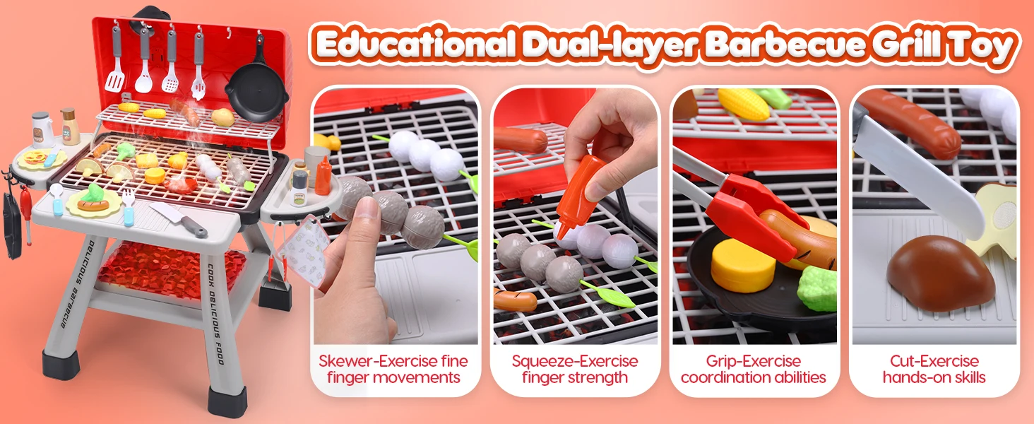 CUTE STONE Children's BBQ Grill Toy, Kitchen Playset, Realistic Smoke BBQ Grill Playset with Toy Kitchen Accessories.