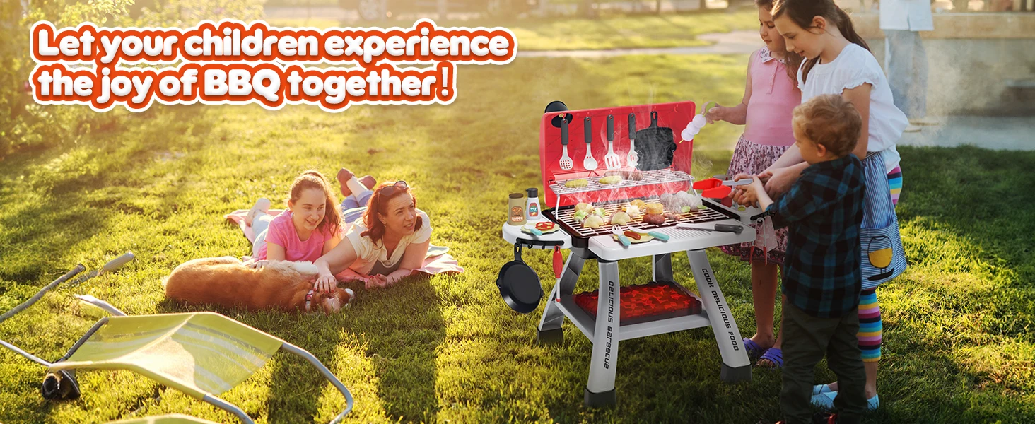 CUTE STONE Children's BBQ Grill Toy, Kitchen Playset, Realistic Smoke BBQ Grill Playset with Toy Kitchen Accessories.