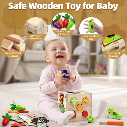 Baby Wooden Activity Cube Center Toys for Boys Girls Birthday Gifts, 5 in 1 Montessori Educational Learning Sensory Toys - Image 4