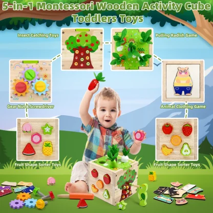 Baby Wooden Activity Cube Center Toys for Boys Girls Birthday Gifts, 5 in 1 Montessori Educational Learning Sensory Toys - Image 2