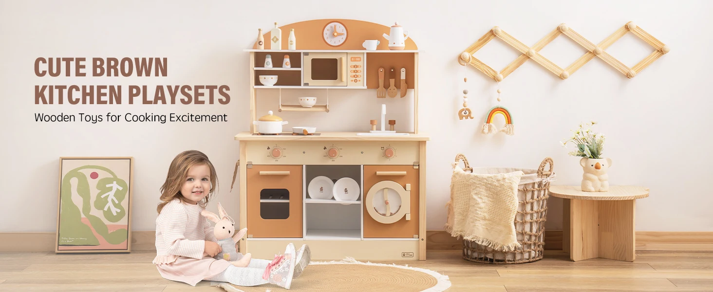 Robotime Robud Kids Play Kitchen Playset Wooden Pretend Playset with Microwave Oven Clock Towel Rack Toy for Toddler Blue