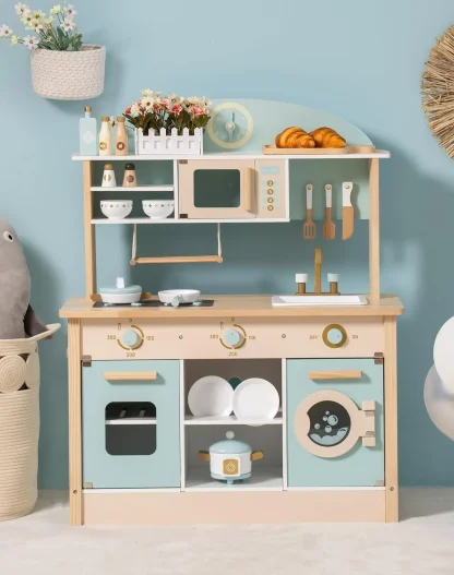 Robotime Robud Kids Play Kitchen Playset Wooden Pretend Playset with Microwave Oven Clock Towel Rack Toy for Toddler Blue - Image 6