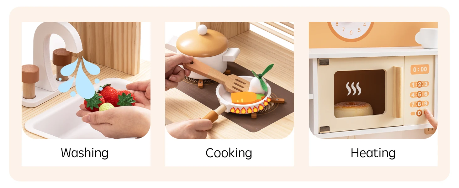 Robotime Robud Kids Play Kitchen Playset Wooden Pretend Playset with Microwave Oven Clock Towel Rack Toy for Toddler Blue