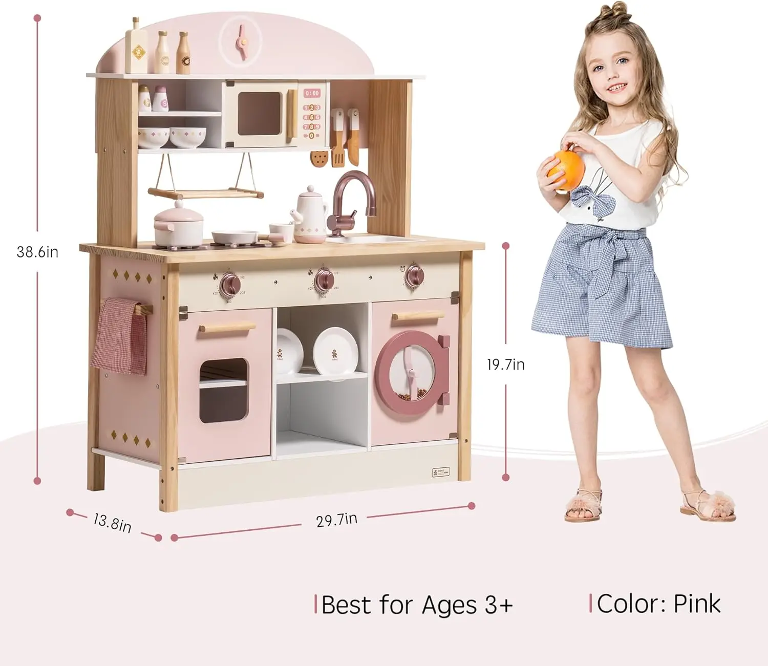 Robotime Robud Kids Play Kitchen Playset Wooden Pretend Playset with Microwave Oven Clock Towel Rack Toy for Toddler Blue
