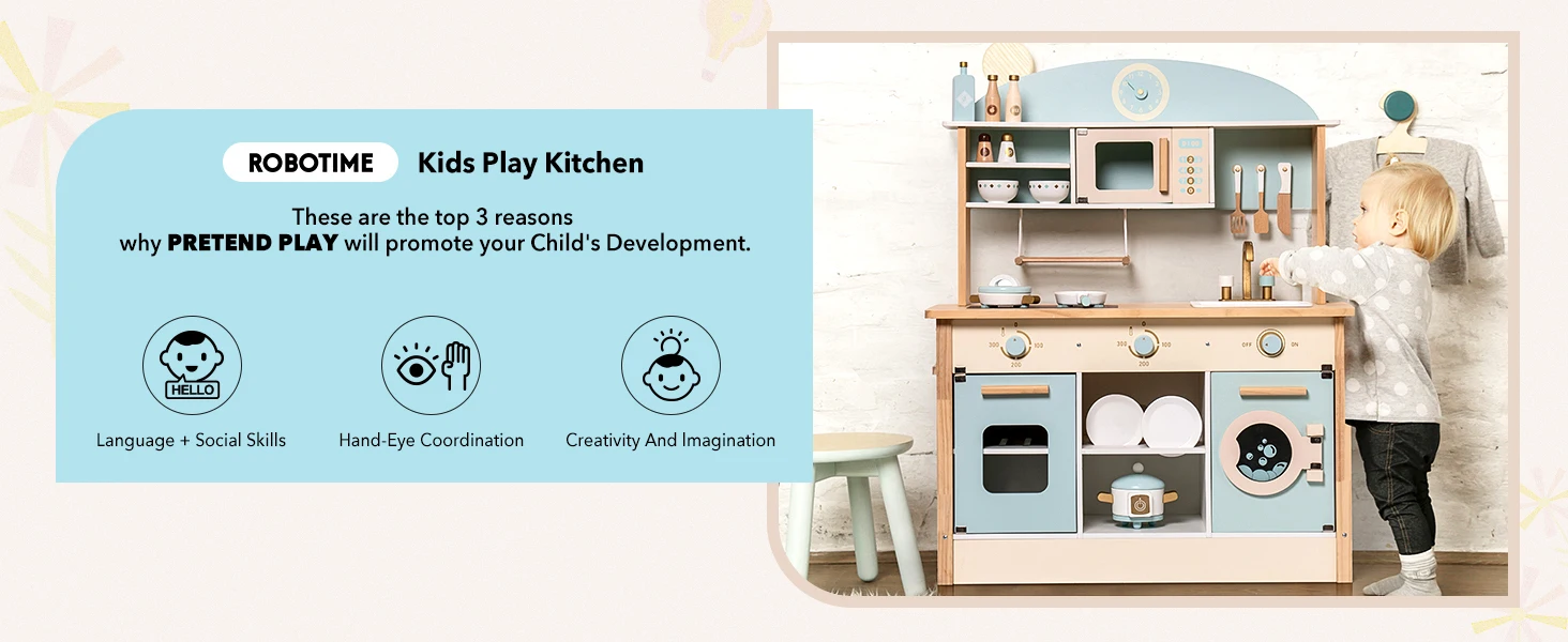Robotime Robud Kids Play Kitchen Playset Wooden Pretend Playset with Microwave Oven Clock Towel Rack Toy for Toddler Blue