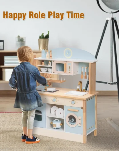 Robotime Robud Kids Play Kitchen Playset Wooden Pretend Playset with Microwave Oven Clock Towel Rack Toy for Toddler Blue - Image 5