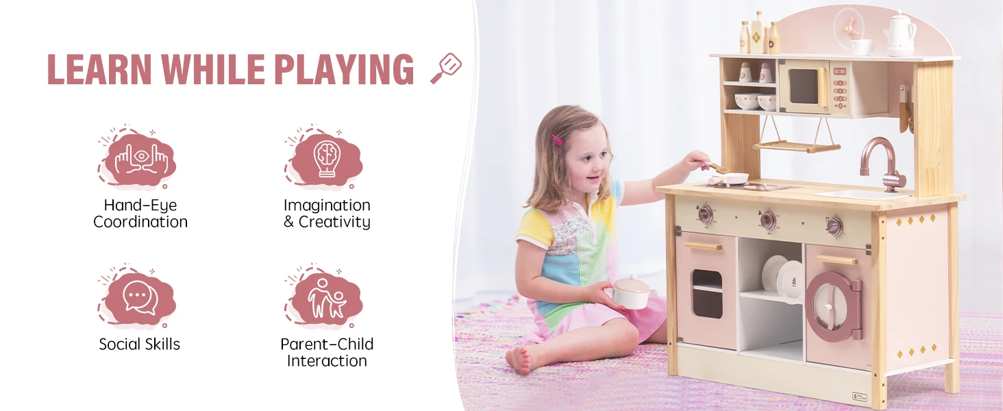 Robotime Robud Kids Play Kitchen Playset Wooden Pretend Playset with Microwave Oven Clock Towel Rack Toy for Toddler Blue