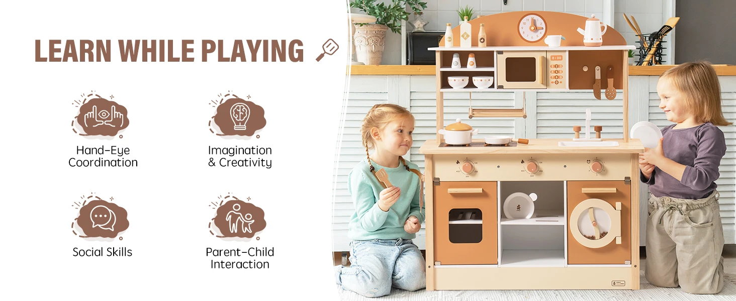 Robotime Robud Kids Play Kitchen Playset Wooden Pretend Playset with Microwave Oven Clock Towel Rack Toy for Toddler Blue