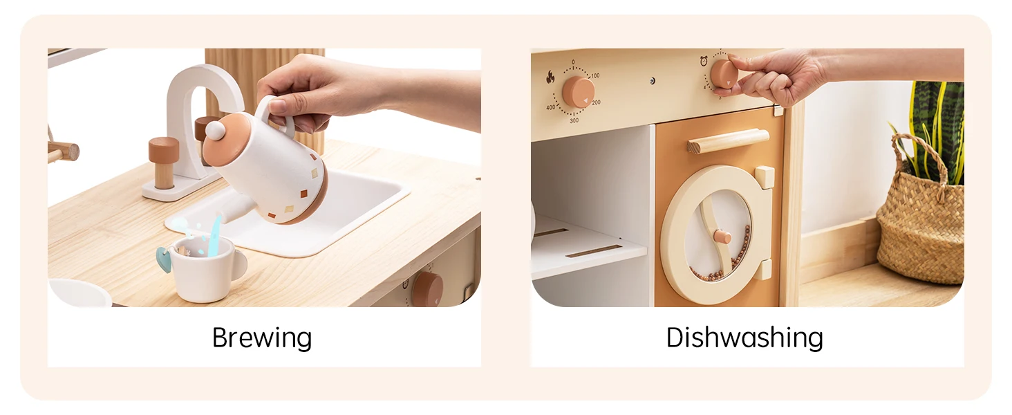Robotime Robud Kids Play Kitchen Playset Wooden Pretend Playset with Microwave Oven Clock Towel Rack Toy for Toddler Blue