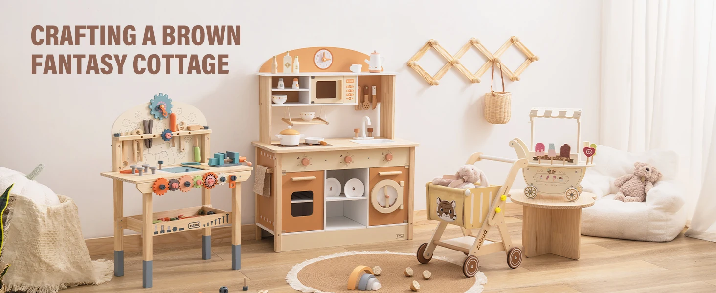 Robotime Robud Kids Play Kitchen Playset Wooden Pretend Playset with Microwave Oven Clock Towel Rack Toy for Toddler Blue