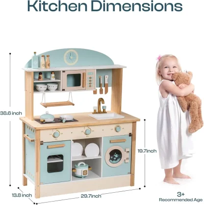 Robotime Robud Kids Play Kitchen Playset Wooden Pretend Playset with Microwave Oven Clock Towel Rack Toy for Toddler Blue - Image 2
