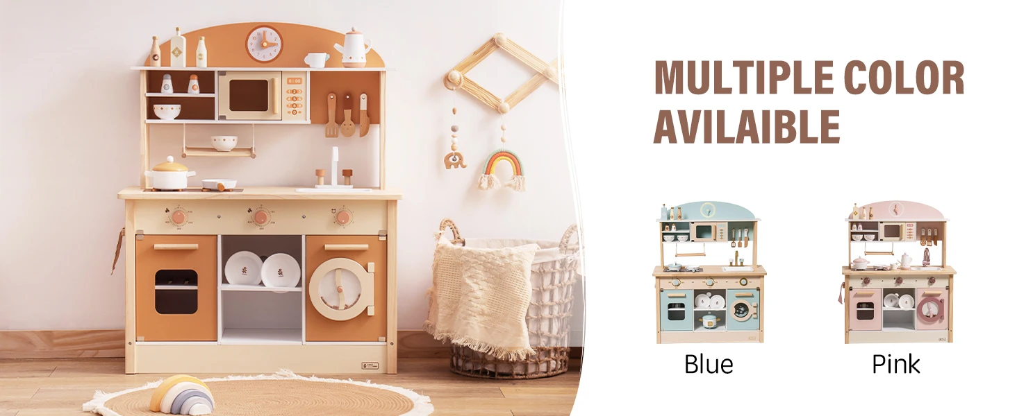 Robotime Robud Kids Play Kitchen Playset Wooden Pretend Playset with Microwave Oven Clock Towel Rack Toy for Toddler Blue