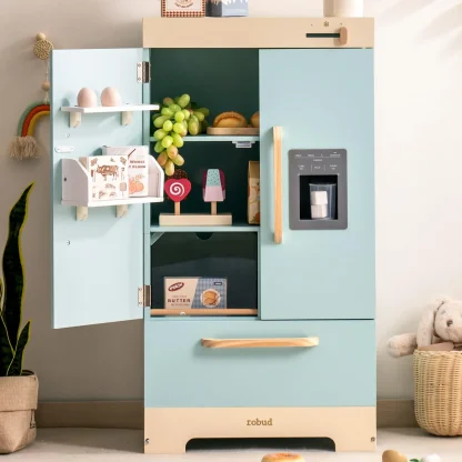 Robotime Robud Play Kitchen Fridge Refrigerator with Ice Dispenser Wooden Kids Play Kitchen Playset Toy for Ages 3+Blue - Image 4