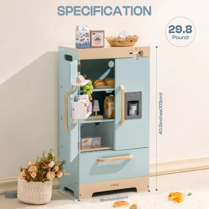 Robotime Robud Play Kitchen Fridge Refrigerator with Ice Dispenser Wooden Kids Play Kitchen Playset Toy for Ages 3+Blue - Image 5