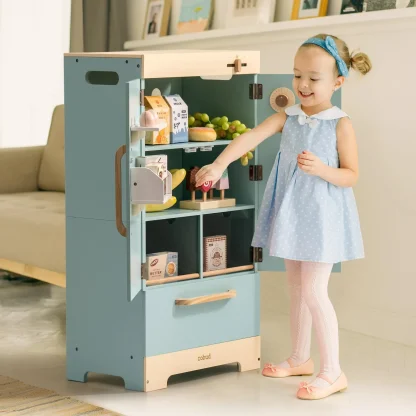 Robotime Robud Play Kitchen Fridge Refrigerator with Ice Dispenser Wooden Kids Play Kitchen Playset Toy for Ages 3+Blue - Image 3