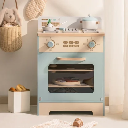 Robotime Robud Pretend Play Toy Oven Wooden Kitchen Playset Accessories with Pizza and Cupcakes Food Toys for Kids Age 3+Blue