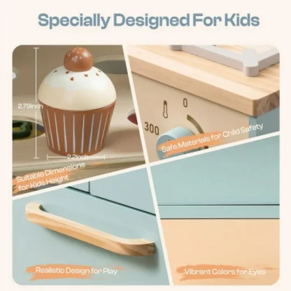Robotime Robud Pretend Play Toy Oven Wooden Kitchen Playset Accessories with Pizza and Cupcakes Food Toys for Kids Age 3+Blue - Image 2