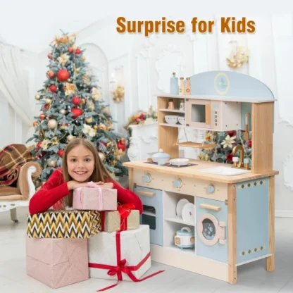 Robotime Robud Pretend Play Toy Oven Wooden Kitchen Playset Accessories with Pizza and Cupcakes Food Toys for Kids Age 3+Blue - Image 6