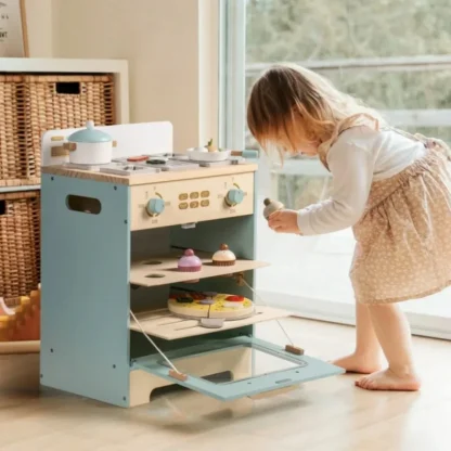 Robotime Robud Pretend Play Toy Oven Wooden Kitchen Playset Accessories with Pizza and Cupcakes Food Toys for Kids Age 3+Blue - Image 4
