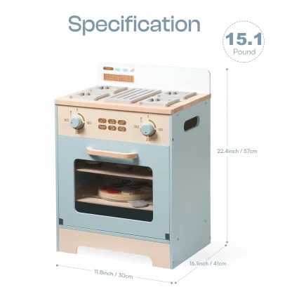 Robotime Robud Pretend Play Toy Oven Wooden Kitchen Playset Accessories with Pizza and Cupcakes Food Toys for Kids Age 3+Blue - Image 3
