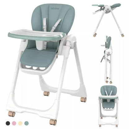 Sejoy Baby High Chair Foldable Highchair Adjustable Backrest Double Removable Tray Detachable PU Leather Cushion High Chair for - Image 2