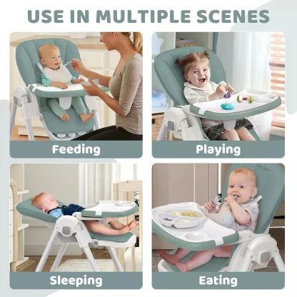 Sejoy Baby High Chair Foldable Highchair Adjustable Backrest Double Removable Tray Detachable PU Leather Cushion High Chair for - Image 6