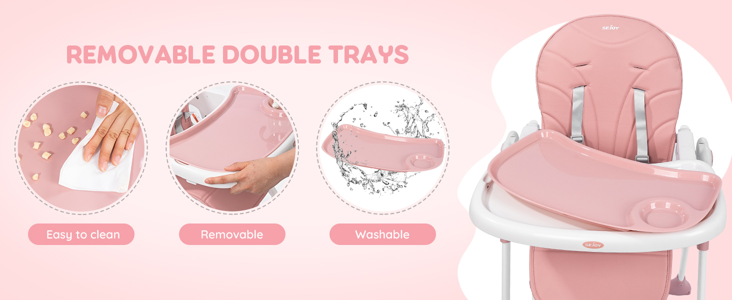 Sejoy Baby High Chair Foldable Highchair Adjustable Backrest Double Removable Tray Detachable PU Leather Cushion High Chair for Sejoy Baby High Chair Foldable Highchair Adjustable Backrest Double Removable Tray Detachable PU Leather Cushion High Chair for