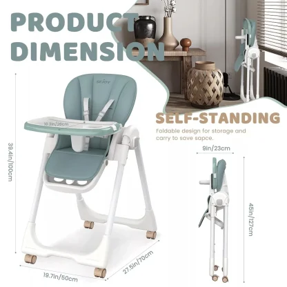 Sejoy Baby High Chair Foldable Highchair Adjustable Backrest Double Removable Tray Detachable PU Leather Cushion High Chair for - Image 5