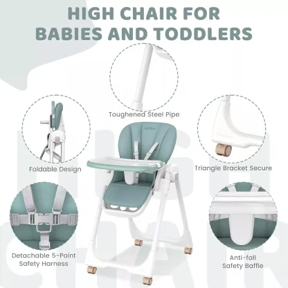 Sejoy Baby High Chair Foldable Highchair Adjustable Backrest Double Removable Tray Detachable PU Leather Cushion High Chair for - Image 4