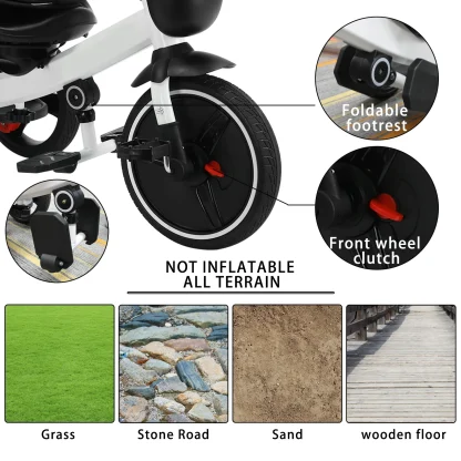 Baby Tricycle, 6-in-1 Baby Push Bike Steer Stroller, Detachable Guardrail, Adjustable Canopy, Safety Harness, Folding Pedal - Image 6