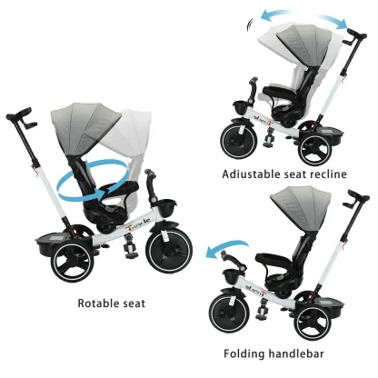 Baby Tricycle, 6-in-1 Baby Push Bike Steer Stroller, Detachable Guardrail, Adjustable Canopy, Safety Harness, Folding Pedal - Image 3