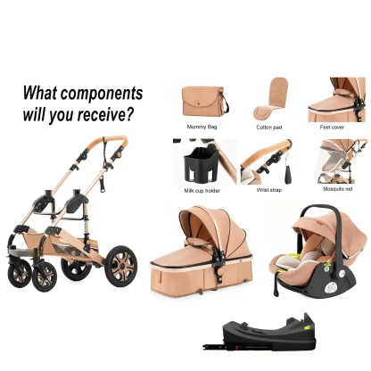 3 in 1 Baby Stroller,Baby Travel System,Baby Carriage 3in1 with Isofix Base,Foldable Newborn Pram,Reversible Standard Stroller - Image 2