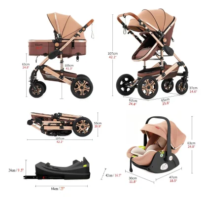 3 in 1 Baby Stroller,Baby Travel System,Baby Carriage 3in1 with Isofix Base,Foldable Newborn Pram,Reversible Standard Stroller - Image 5