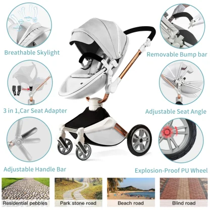 Hot Mom Baby Stroller 3 in 1 Travel System， 360° Rotation High Landscape Stroller, Large Wheels, Suitable For Various Terrains,F - Image 6